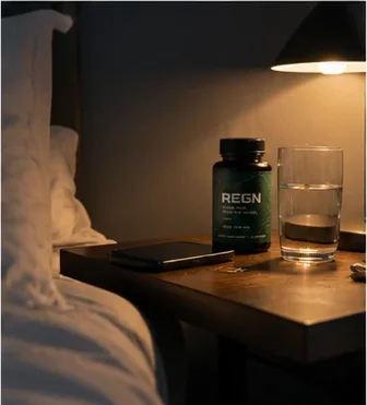 REGN on a bedside table with a glass of water